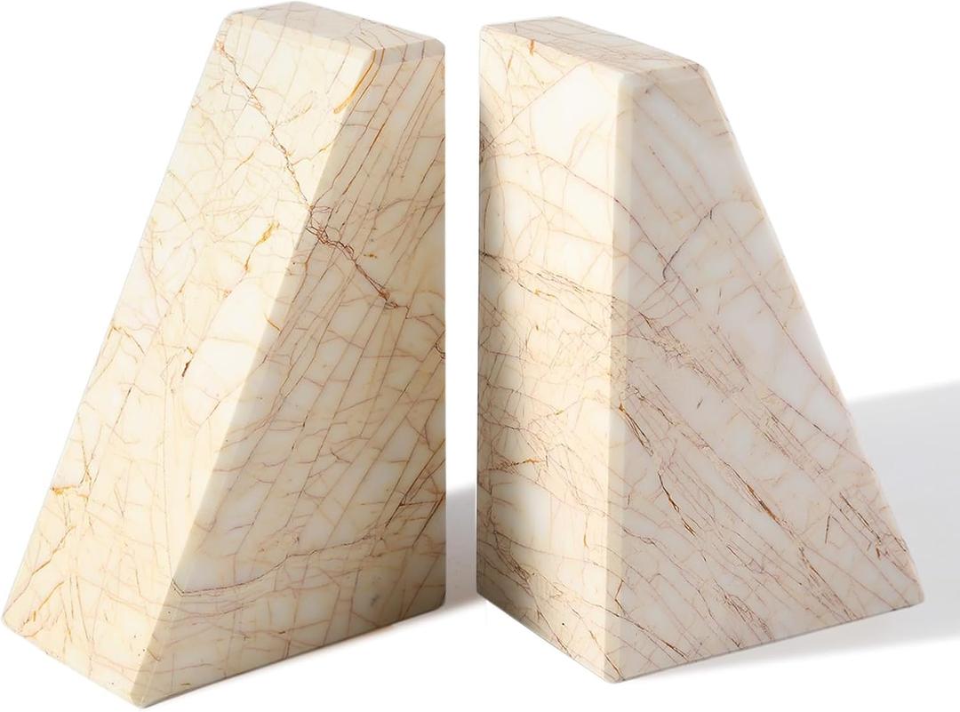 Marble BookendsNatural Decorative Bookend for Shelves, Non-Skid Book End for Heavy Books, Idea Book Stoppers & Holder for Desk Bookshelf Decor, Modern Home Decor Cream Color Book Ends, Set of 2