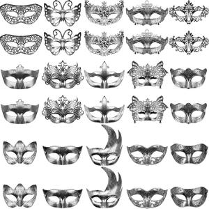 Yunsailing 30 Pieces Masquerade Mask Antique Masks with Straps for Halloween Women Men Mardi Gras Venetian Ball Party (Silver)