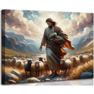 Religious Jesus Wall Art Print, Christian Scripture Painting with The Good Shepherd and Lamb, Spiritual Bible Canvas Poster for Prayer Decor (24x36in Frameless, AH19)