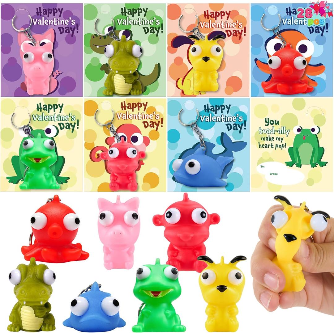 JOYIN 28 Packs Valentine's Day Gift Cards with Popping Eyes Animal Keychains for Kids Party Favor, Classroom Exchange Prizes, Valentines Greeting Cards