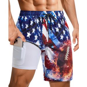 Gleeease Mens Swim Trunks Mens Bathing Suit 9 inch with Compression Liner Pocket Quick Dry Stretch 2-in-1 American Flag Beach (Large, Rugby)