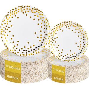 Lullaby 120PCS White Paper Plates, Disposable Gold Paper Plates, 60pcs Dinner Plates 9", 60pcs Dessert Plates 7", Party Plates with Golden Dot for Birthday, Gathering and Graduation