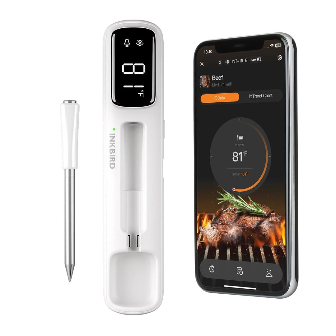 INKBIRD Mini Wireless Meat Thermometer, Bluetooth 5.4,1000ft/305m Ultra Long Connection, 60 Min Offline Data Storage, IP67 Waterproof, White LED Display, Ideal for BBQ, Grill, and Smoker