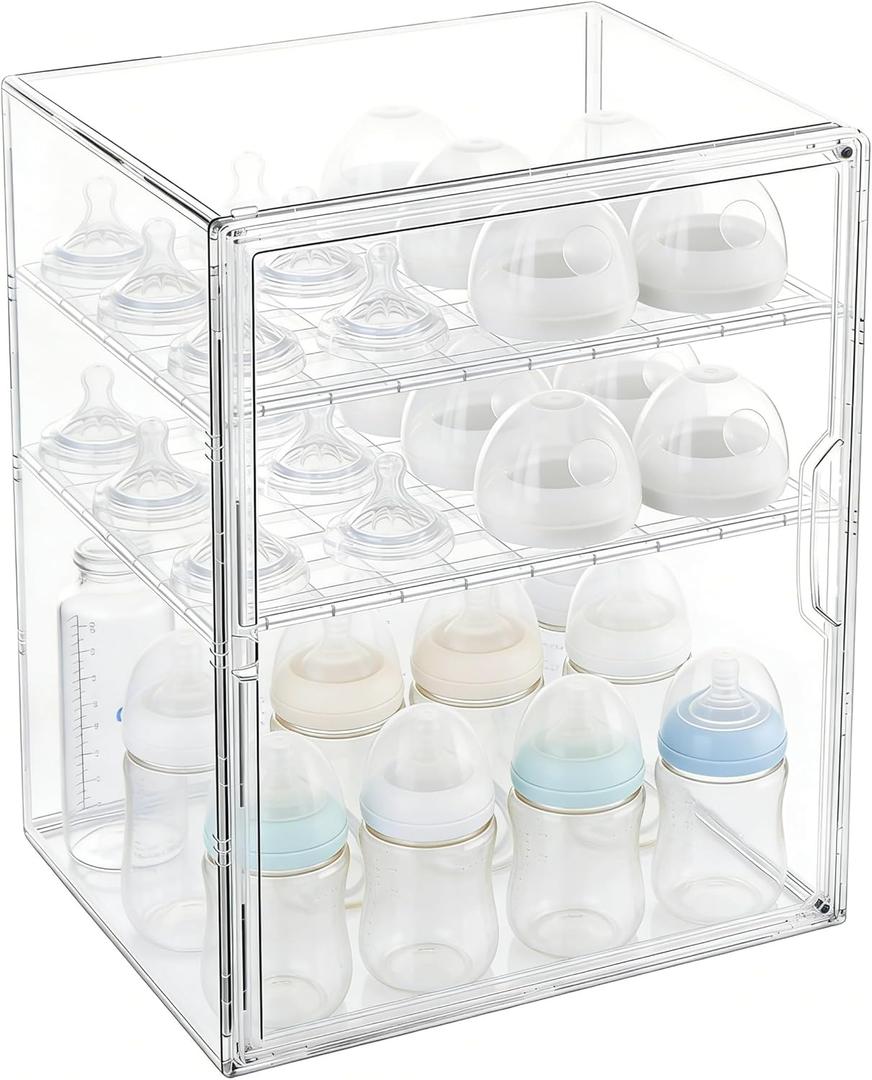 Baby Bottle Storage Organizer for Countertop, 3 Tier Acrylic Bottle Storage Organizer Container, Features 2 Removable Partitions and a Magnetic Door, Suitable for Countertops and Cabinets (M)
