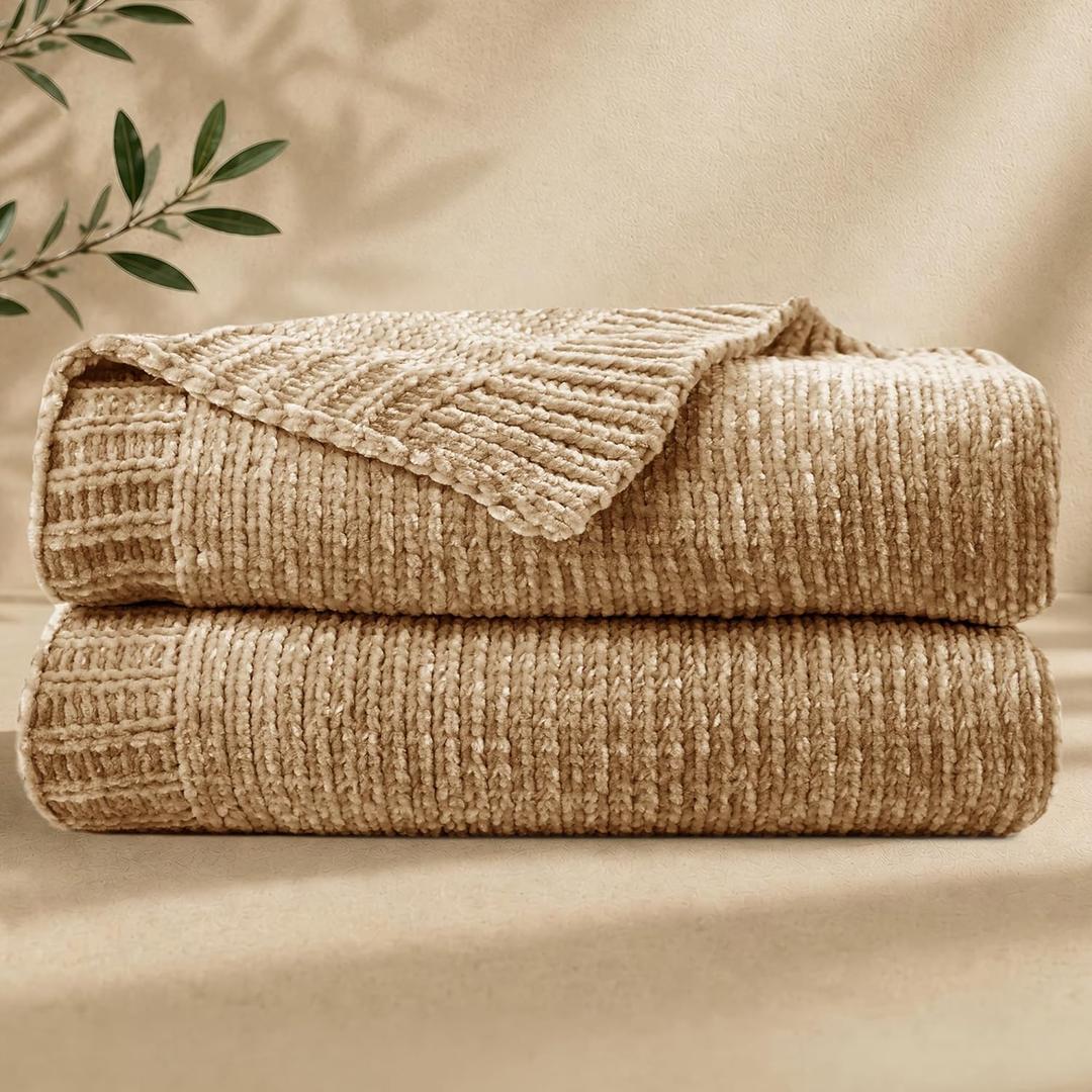 Chenille Throw Blanket for Couch, Cozy Soft Blanket Lightweight Decorative Throw for Living Room Sofa Chair, Stylish Home Decor, Ideal for Gifting, Khaki 50"x60"