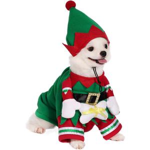 Dog Cat Christmas Elf Costume with Hat, Pet Christmas Winter Fleece Coat Clothes Puppy Xmas Outfit Apparel (Chest girth 16.1"; Neck Girth: 12.6")