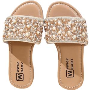 GORGLITTER Girl's Pearls Dress Flat Sandals Glitter Rhinestone Summer Open Toe Teens Slides (5 Big Kid, Champagne)