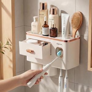 Toothbrush Holders Bathroom Accessories with Toothpaste Dispenser, 2 Cups Toothbrush Holder Wall Mounted Bathroom Decor (Platinum - Two Cups)