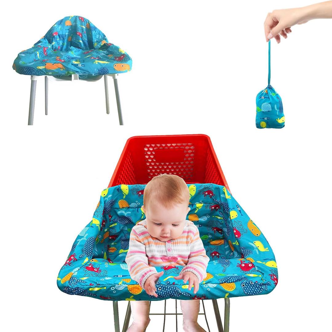 Pozico Baby Shopping Cart Cover & High Chair Cover Machine Washable, Grocery Cart Cover with Portable Cloth Bag Included, Underwater World Blue Design