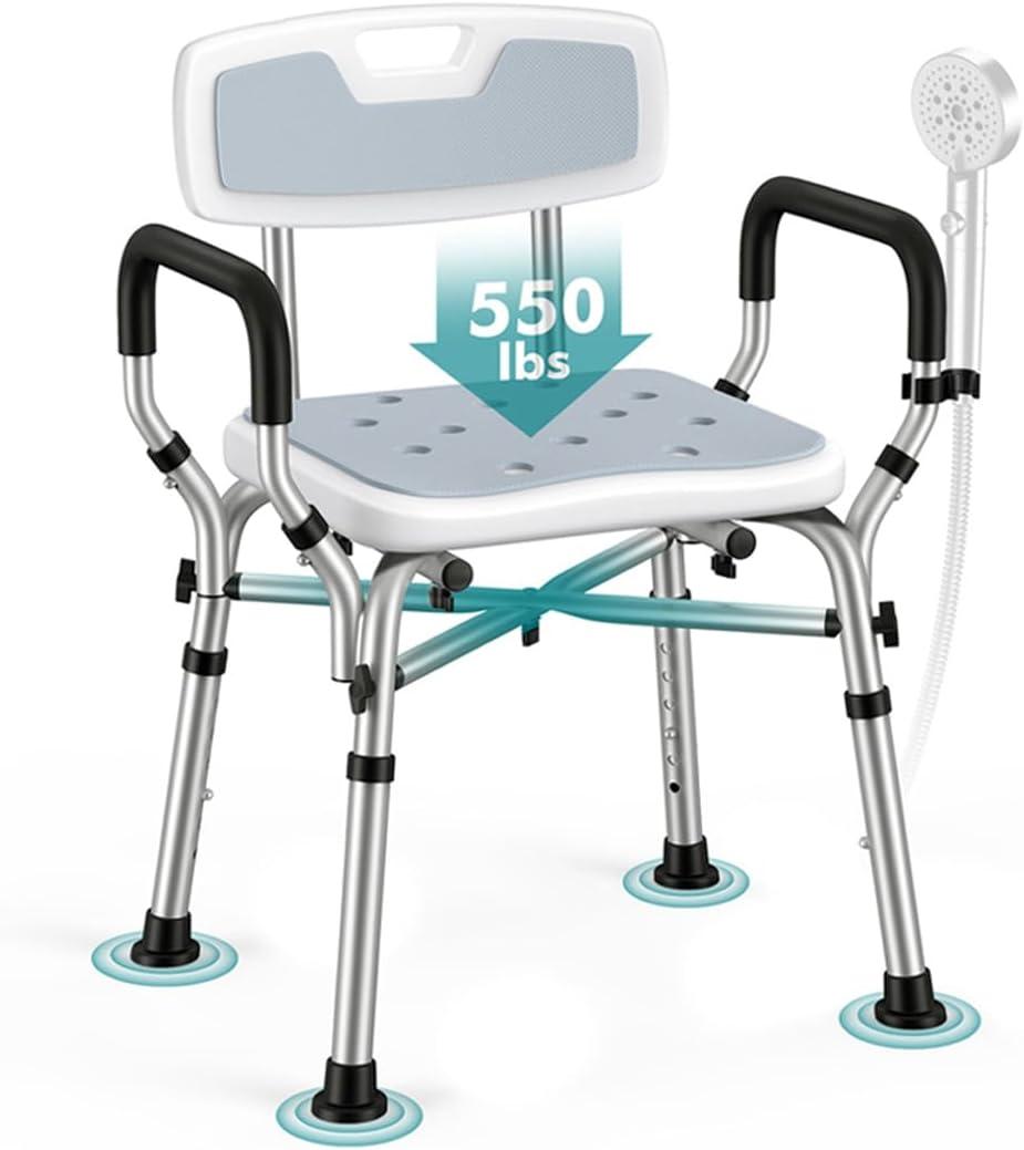 VFAUOSIT Shower Chair for Elderly and Disabled, 550 lbs Shower Chair for Inside Shower with Arms and Back, FSA/HSA 6-Height Shower Seats for Adults with Shower Bag, Bath Chairs for Seniors Inside Tub (550LB)