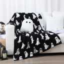 Halloween Ghost Throw Blankets Pillow Set Include Double Sided Spooky Black and White Flannel Throw Blanket 50 x 60 Inch and Cozy Ghost Plush Pillows Cushion for Couch Sofa Bed Decorations