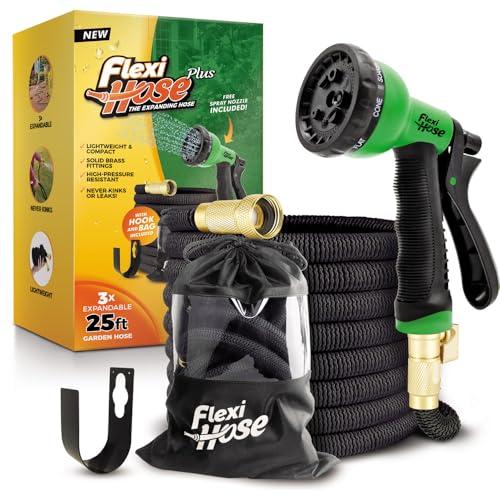 Flexi Hose PLUS with 8 Function Nozzle Expandable Garden Hose, Lightweight & No-Kink Flexible Garden Hose, 3/4 inch Solid Brass Fittings and Double Latex Core, 25 ft Black