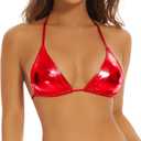 Halter Metallic Crop Top Shiny Triangle Bralette Rave Bra Swimsuit Top (Red, XL)