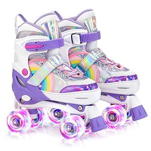 SULIFEEL Rainbow Unicorn 4 Size Adjustable Light up Roller Skates for Girls Boys for Kids Purpleб Small 28-31