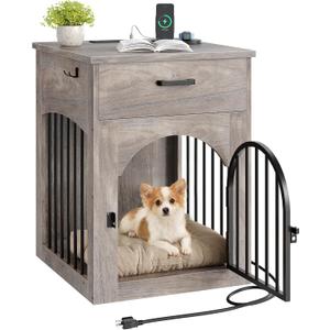 CHOEZON Dog Crate Furniture, Wooden Dog House with Charging Station and Storage Drawer, Indoor Pet Crate End Table for Small Breeds, for Living Room, Bedroom, Greige MGW01UFH