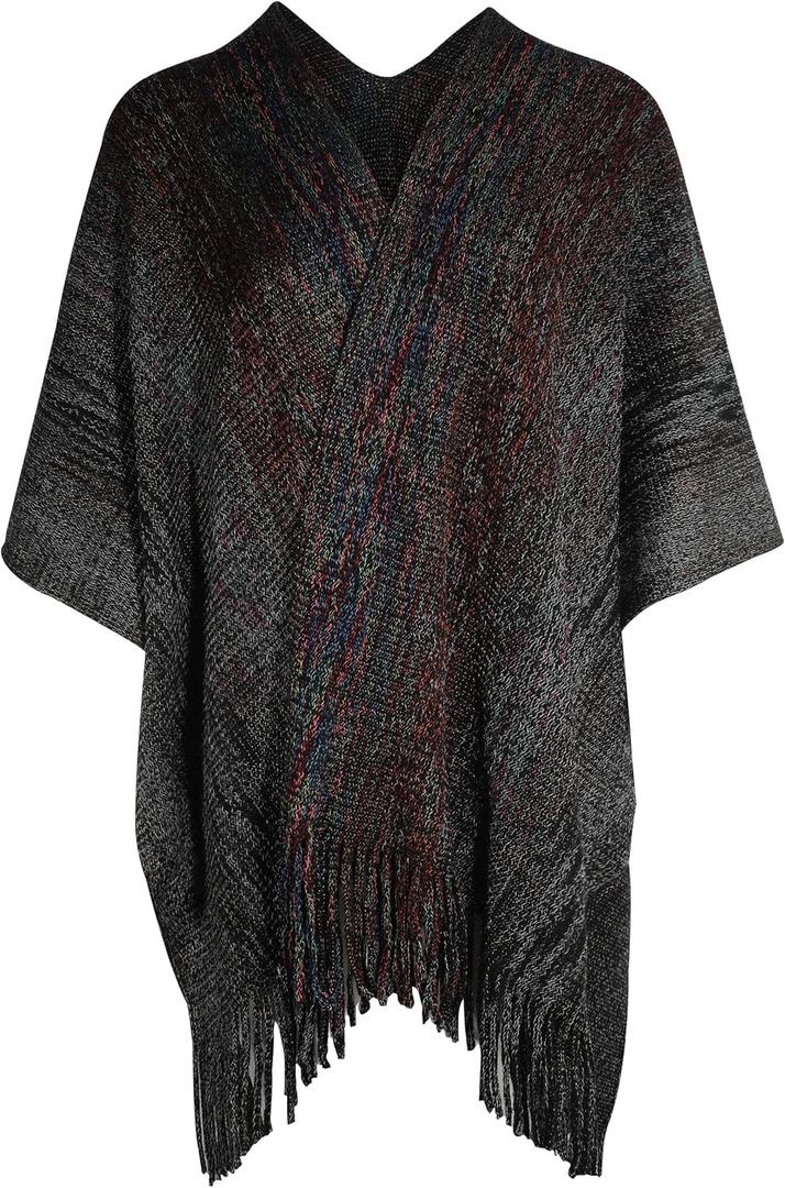 ZLYC Women's Shawl Golden Trim Knit Blanket Wrap Fringe Poncho Coat Cardigan (Space Dyed Black)