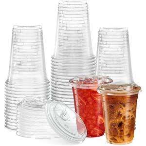 16 oz. Clear Cups with Strawless Sip-Lids, PET Crystal Clear Disposable 16oz Plastic Coffee Cups with Lids [50 Sets]