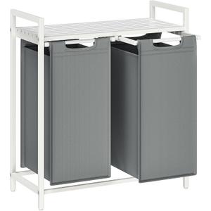 VASAGLE Laundry Hamper, Laundry Basket, Laundry Sorter with 2 Pull-Out and Removable Bags, Shelf, Metal Frame, 2 x 12.1 Gallons (46 L), 28.8 x 13 x 28.4 Inches, Slate Gray and Cloud White UBLH201W11, 2 Bags - 92 L