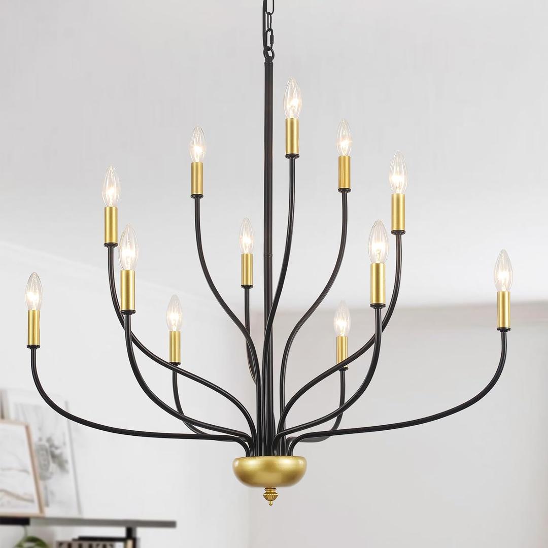 12-Lights Farmhouse Chandelier for Dining Room, 34 Inch Black and Gold Chandeliers for High Ceilings Foyer Modern Large Pendant Light Fixtures for Living Room Entryway Hallway Kitchen Island E12