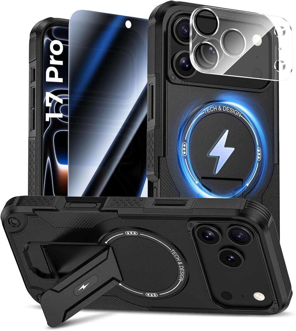 Goton for iPhone 17 Pro Case with Privacy Tempered Glass Screen Protector & Camera Lens Protector, Compatible with MagSafe, Invisible Kickstand, Shockproof Phone Cover, Black