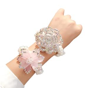 2Pcs Fashion Rhinestone Flower Hair Scrunchies Beaded Bracelet Hair Ties Bands for Women Girls Ponytail Holder