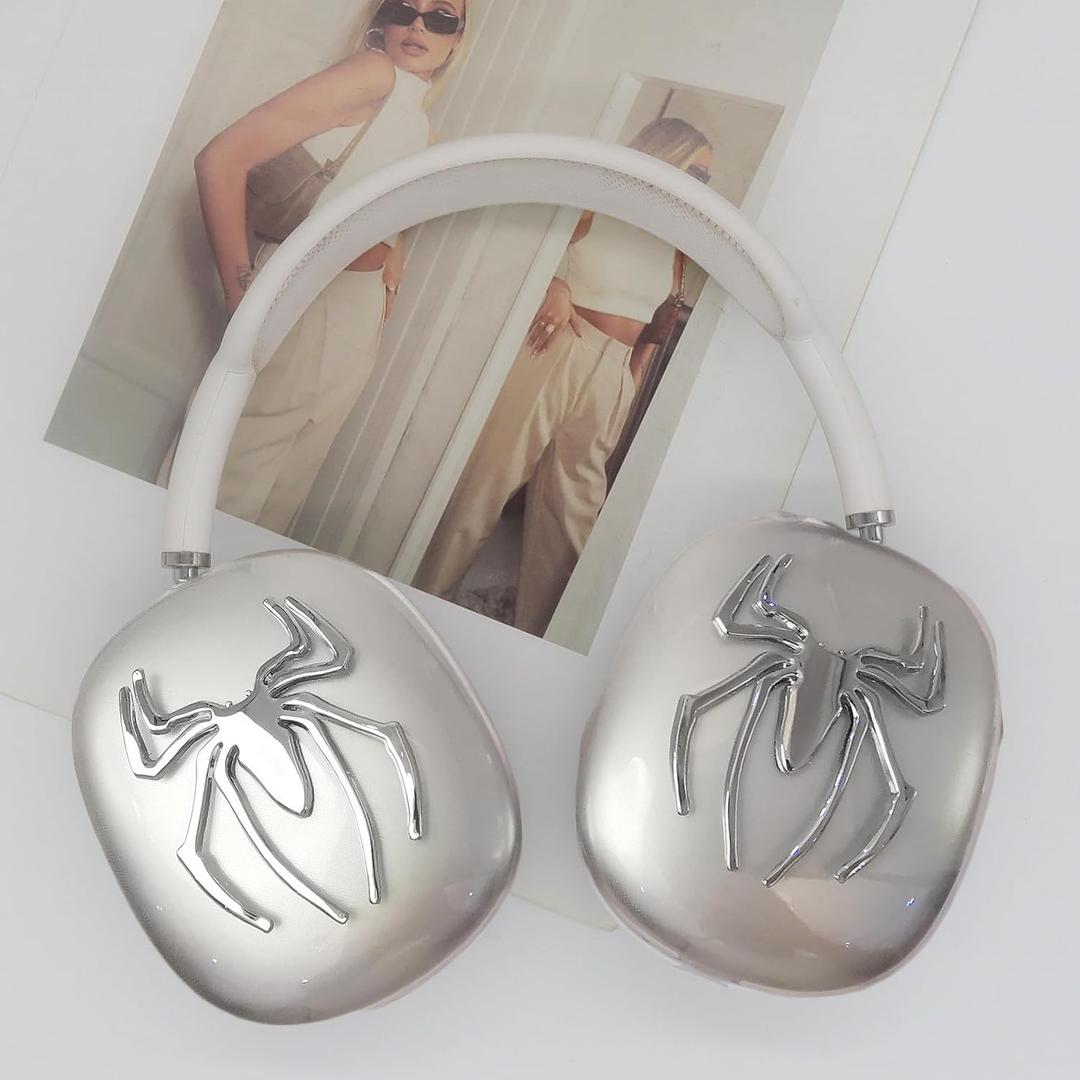 Generic Case Cover for AirPods Max Headphones Clear Soft Anti-Scratch Protection Antislip Protective Cover with Silver 3D Spiders Decorations for Apple AirPods Max (Silver) (B0D5Y93XHD)