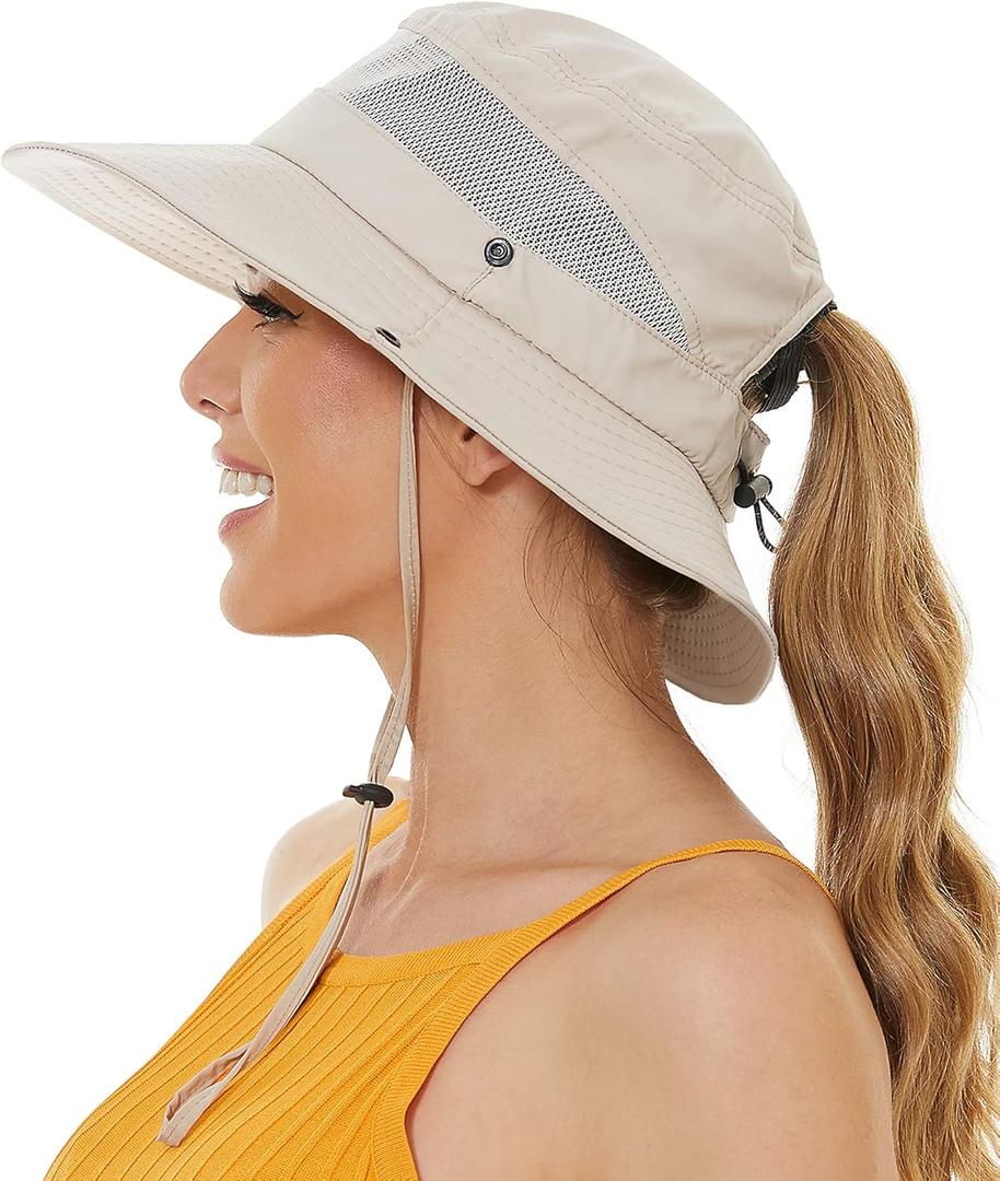 Sun Bucket Beach Hats for Women with Ponytail Hole,Sun Protection UV UPF50+ Waterproof Fishing Safari Hiking Hat (One Size, Beige)