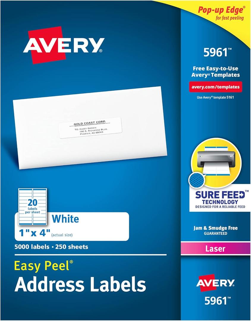 Avery Easy Peel Printable Address Labels with Sure Feed, 1" x 4", White, 5,000 Blank Mailing Labels (05961)
