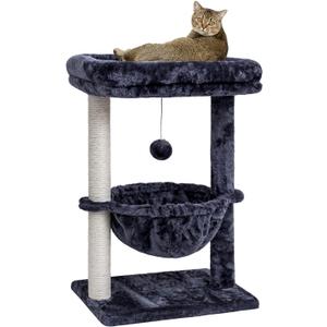 SYANDLVY Small Cat Tree for Indoor Cats, Activity Cat Tower with Scratching Post for Kittens, Cat Condo & Furniture with Basket & Hanging Ball for Play Rest (Smoky)