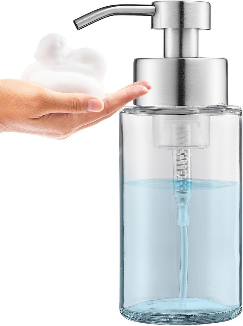 Doiliese Glass Foaming Hand Soap Dispenser, 10 oz Easy Refill Glass Soap Dispenser, Foam Dispenser with Stainless Steel Pump & Waterproof Labels, Clear Foam Soap Bottle for Bathroom Countertop (Brushed Nickel Foam 1pc)