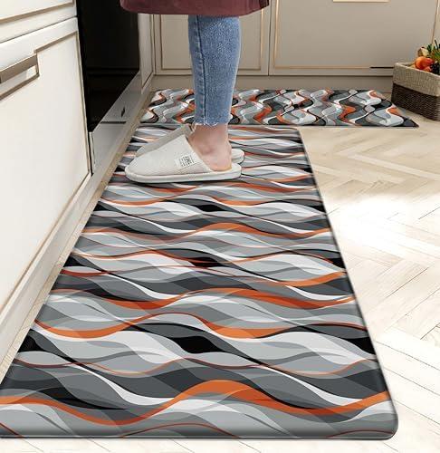 Kitchen Mats for Floor Modern Abstract kitchen rugs Grey and Orange Stripe Anti Fatigue Kitchen Mats Waterproof Floor Mats Cushioned Non-Skid Standing Mats for Kitchen, Set of 2,17.3 x 28+17.3 x 47, Boho Floral
