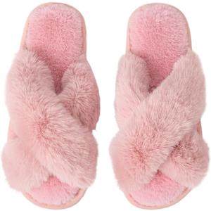 Women's Cross Band Fuzzy Slippers Fluffy Open Toe House Slippers