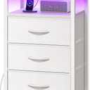 Huuger Night Stand with Charger Station and LED Lights, 3 Drawer Nightstand, Bed Side Table with Open Shelf, End Table, Tall Fabric Dresser for Bedroom, PU Leather, White (11.8"D x 15.7"W x 27.6"H3 Drawers)