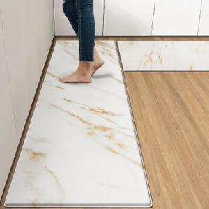 Arttown Anti-Fatigue Kitchen Rug Set of 2 Marble Golden Gold Modern Cushioned Floor Mat, Standing Waterproof Non-Slip Mat and PVC Ergonomic Comfort Foam Rug for Kitchen (17.3 x 47 inch + 17.3 x 29 in, Marble White Kitchen Mat)
