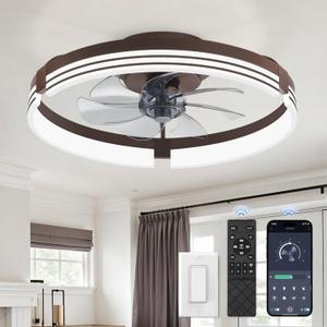 ZMISHIBO Low Profile Ceiling Fans with Lights and Remote, 20 Inch Flush Mount Ceiling Fan with Light, 3000K-6000K Dimmable Fandelier LED Fan Light, 6 Wind Speeds Brown Ceiling Fans for Bedroom