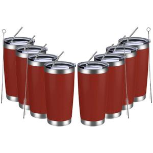 MEWAY 20oz Tumbler 8 Pack Double Wall Vacuum Insulated Travel Mug Bulk, Stainless Steel Tumblers with Lid and Straw, Powder Coated Coffee Cups for Cold & Hot Drinks (Red, Set of 8)