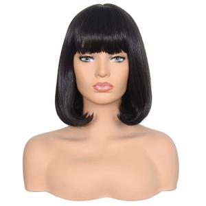 morvally Short Straight Bob Wig Heat Resistant Hair with Blunt Bangs Natural Looking Cosplay Costume Daily Wigs (14", 2# Black)