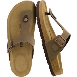 CUSHIONAIRE Leah Thong Womens Sandals - Cork Footbed Flip Flops for Women with Memory Foam and Adjustable Buckle Strap (10 Wide, Brown)