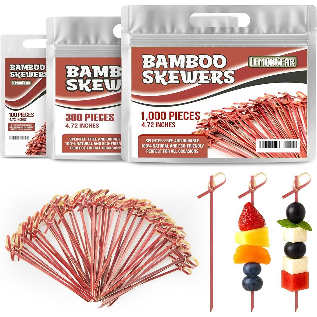 100 Pcs Red Bamboo Skewers 4.7" Decorative Cocktail Picks, Appetizers Toothpicks, Fancy Drinks Stirrers, Wooden Sticks, Charcuterie Garnish, Fruit Kabob, Martini & BBQ Party Food