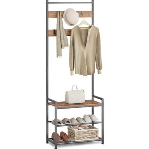 Coat Rack Hall Tree with Shoe Storage, Entryway Hall Tree Storage Bench, Wood Look Accent Furniture with Metal Frame, 3-in-1 Design, Rustic Brown