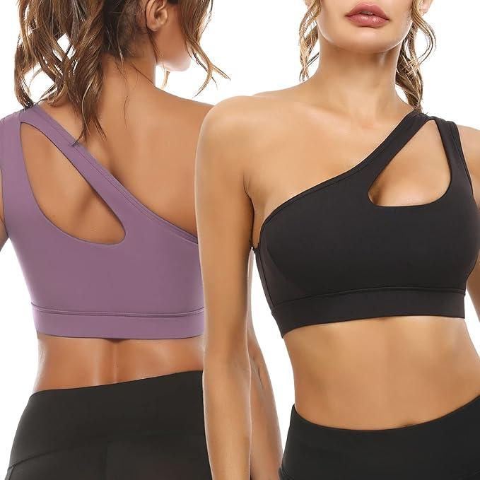 Sykooria Womens One Shoulder Sports Bras Workout Left Strap Yoga Bras Cute Medium Support Crop Tops Size XL