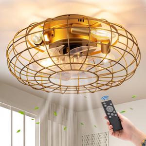 Ceiling Fan with Lights, 16 Inch Caged Ceiling Fan Lights Remote Control Small Industrial Ceiling Fan Light Fixture Flush Mount Farmhouse Light 8 Speeds Bladeless Lights for Bedroom Kitchen