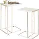 C Shaped End Table Set of 2, Small Side Table for Sofa and Bed, White Bedside Table, Laptop Desk for Couch 16x12x25 inch Faux Marble+White YD-TM051W-2