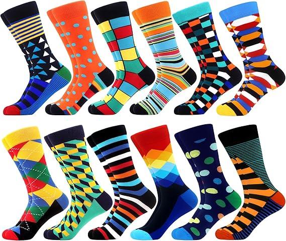 Men's Dress Funny Crazy Colorful Novelty Combed Cotton Crew Socks 12 Pack