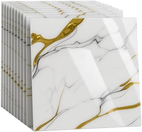 Peel and Stick Kitchen Backsplash Tiles 10PCS – Waterproof Self Adhesive Wall Stickers for Kitchen, Easy DIY Stick On Tile Backsplash, Heat Resistant Decorative Wall Covering (White and Gold)