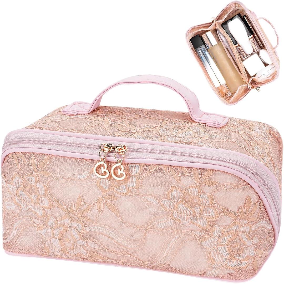 2026 New Makeup Bag for Women Girls,Lace Large Capacity Cosmetic Bag,Open Flat Travel Toiletry Bag,Hollow Out Makeup Organizer Bag With Divider and Handle(Pink)