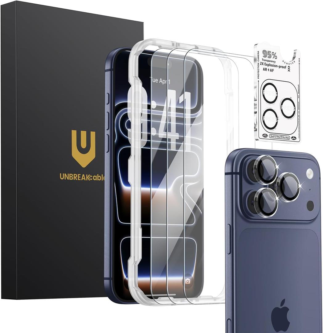 UNBREAKcable iPhone 17 Pro Max Screen Protector 3-Pack, Upgraded Dual-Tempered Glass + 3 Camera Lens Protectors, Military-Grade 9H Hardness, HD Clarity, Anti-Fingerprint, Case Friendly, 6.9 Inch