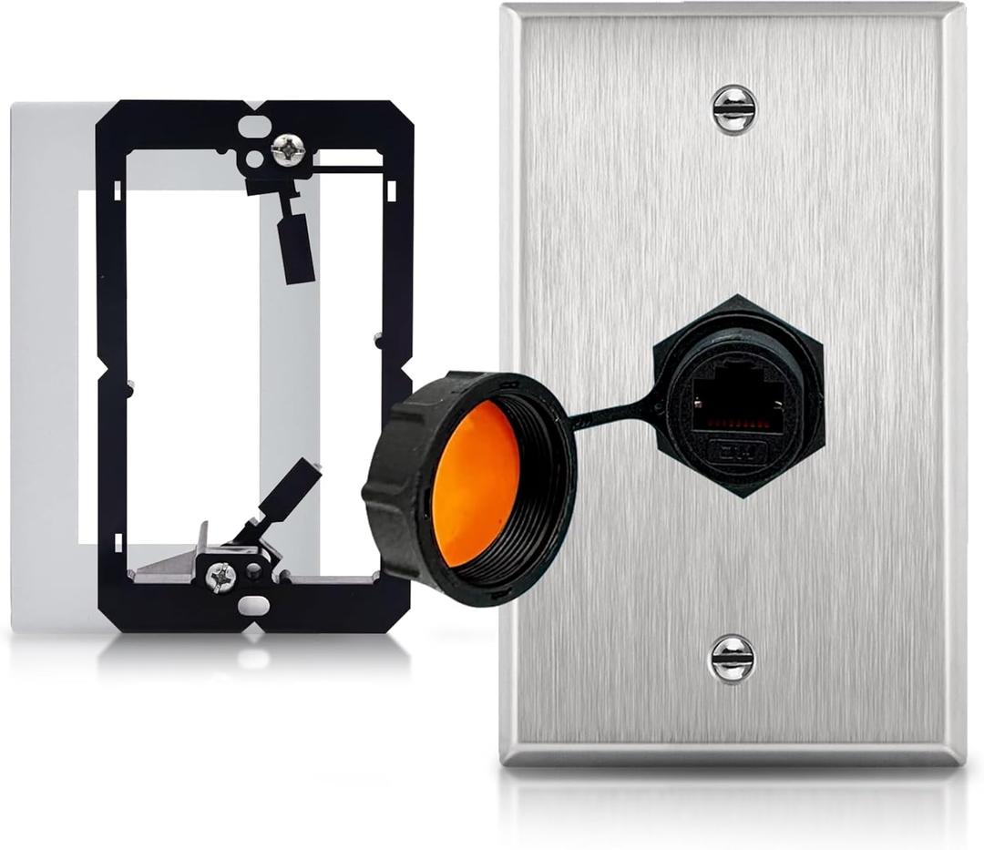 Stainless Steel Ethernet Wall Plate with Single RJ45 Waterproof CAT6 Jack - Outdoor IP68 Ethernet Wall Outlet for Secure PoE and Data Connection