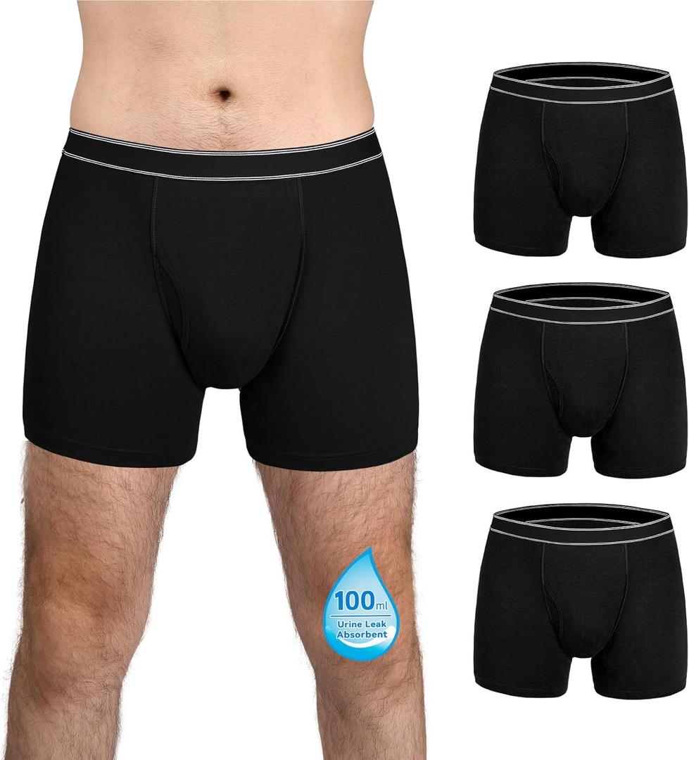 Mens Incontinence Underwear Washable Cotton Incontinence Boxer Briefs with Front Fly 3 Pack(Large, 3 Black)