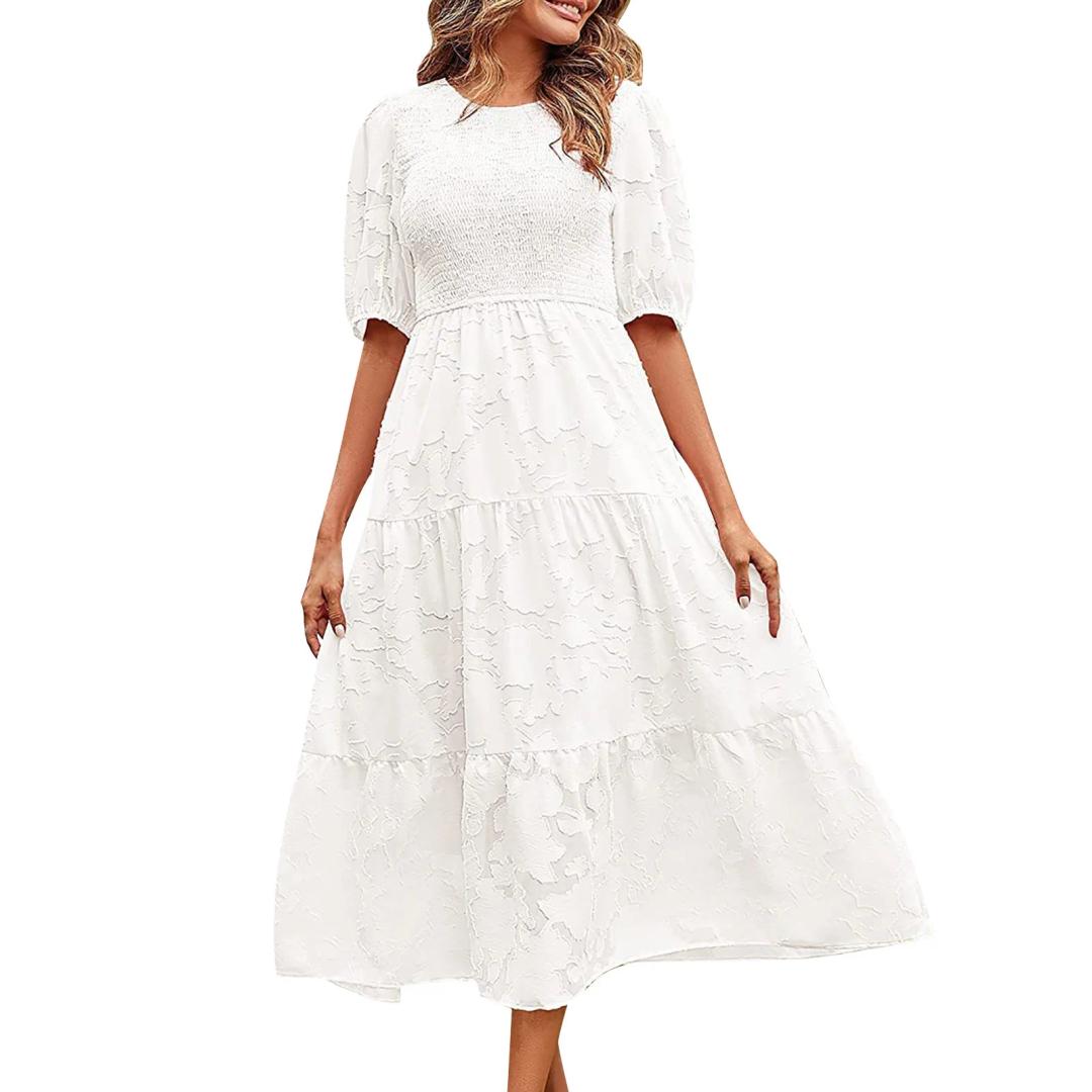 micidad Women's 2023 Boho Floral Dress Casual Crewneck Puff Sleeve Smocked Midi Dress Summer Flowy Tiered A-line Dress (Medium, White)
